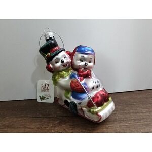 Raz Snowman Sledding Couple Glass Hanging Christmas Glass Ornament A9
